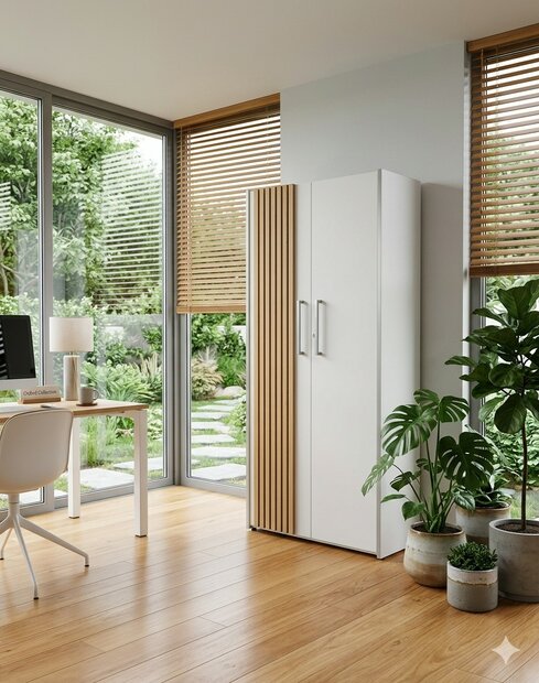 Gesloten archiefkast Oxford wit met akoestisch latjes paneel in thuiskantoor