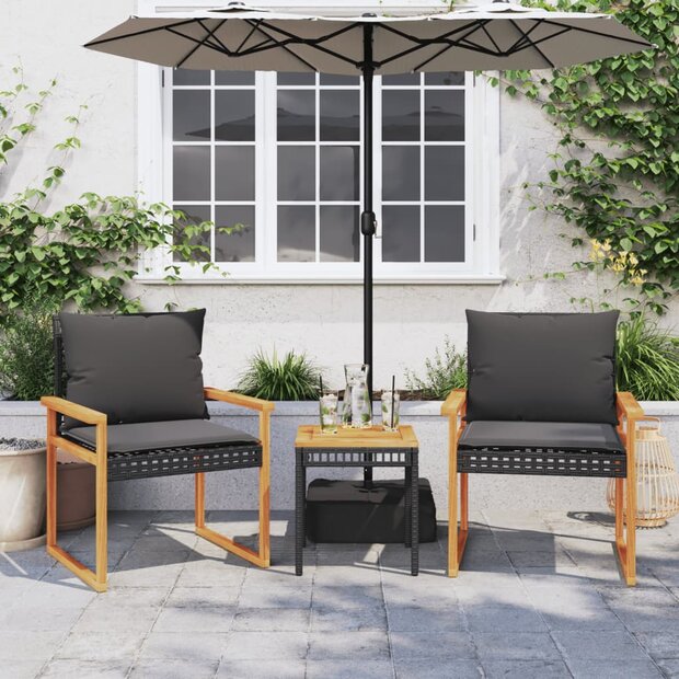 Bistroset Mantra met kussens poly rattan en acaciahout zwart