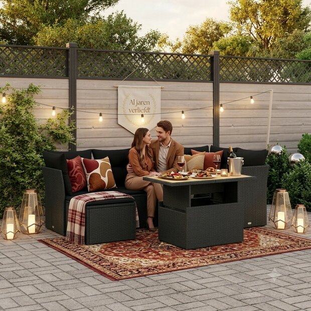 Loungeset Cupido Met Kussens Poly Rattan Zwart - 7-delig - sfeerbeeld 