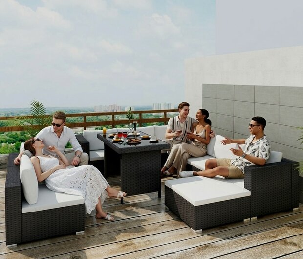 Loungeset Marbella met kussens poly rattan zwart sfeer setting