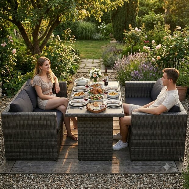  Loungeset Dining met kussens poly rattan grijs