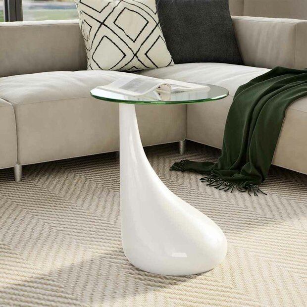 Salontafel Raindrop met rond glazen tafelblad hoogglans wit